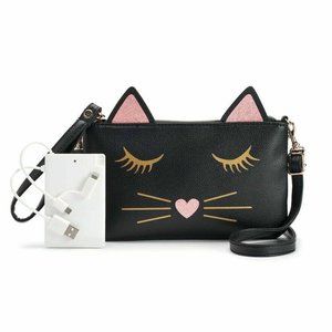 Phone Charging Crossbody Travel Bag - Black w Gold & Pink Cat Glitter ears